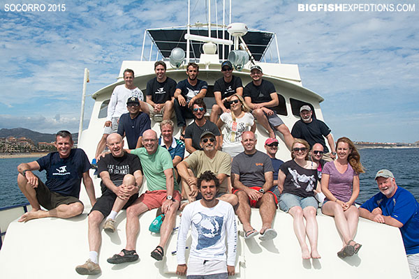 Group photo of our Socorro Guests on the bow of the Sea Escape